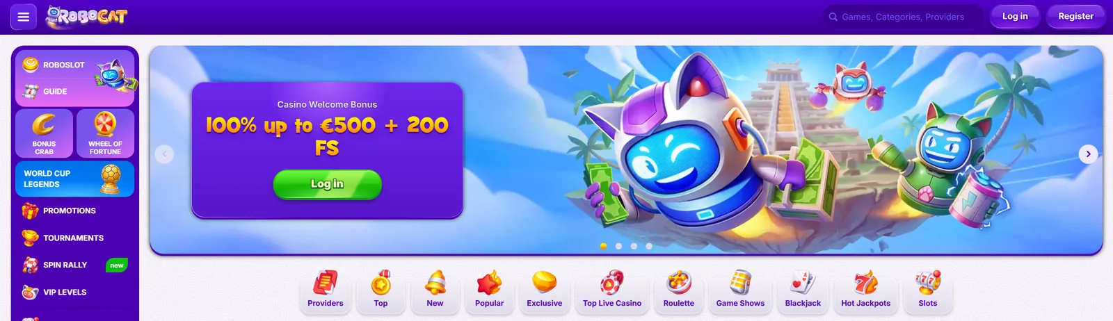 Robocat Casino homepage — RoboSlot, Bonus Crab and the €500 + 200 free spins welcome bonus